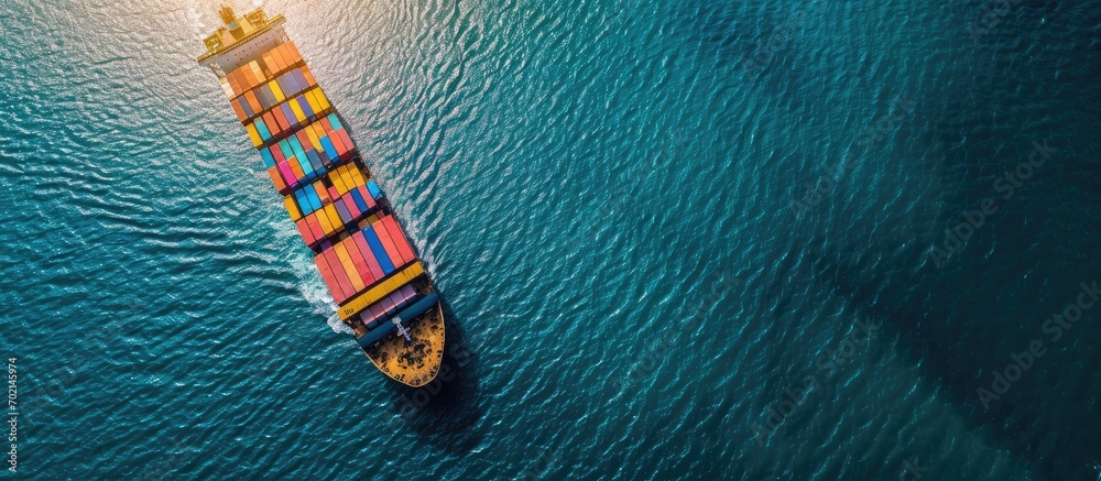 Aufkleber aerial drone photo of huge container tanker ship carrying truck size colourful containers in deep bl