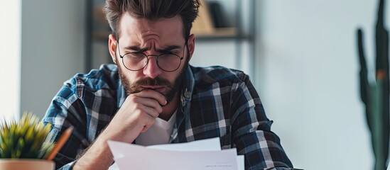 A shocked young man is sitting in the office at the desk holding an envelope with a letter and glasses Got bad news bill credit agreement. with copy space image. Place for adding text or design - obrazy, fototapety, plakaty
