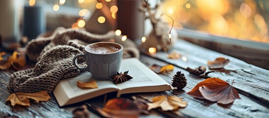 Autumn composition a cup of hot coffee a decorative little house pumpkin candles books and a warm sweater on a wooden table Seasonal morning hot coffee Cozy interior decor. with copy space image