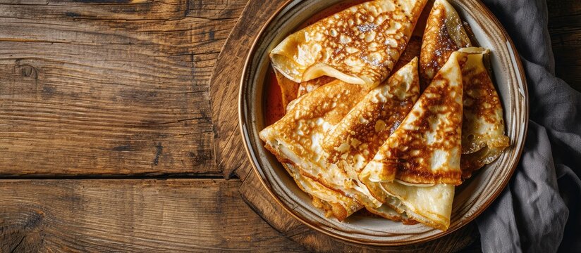 blintz rolled filled with sweetened cottage cheese pancakes or crepes in a baking dish on a wooden table horizontal view from above flat lay. with copy space image. Place for adding text or design