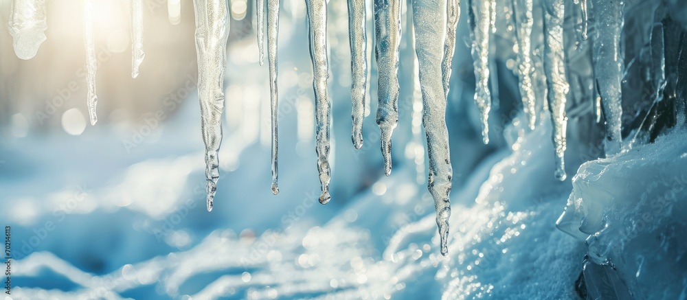 Fototapete Beautiful shiny transparent icicles hang on a clear day Winter background with hanging icicles. with copy space image. Place for adding text or design