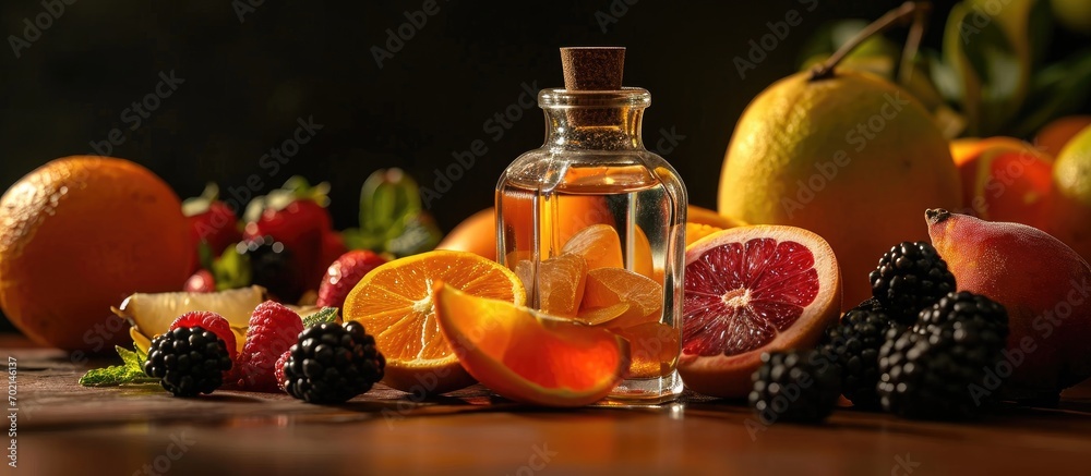 Poster grapefruit essential oil fruit slices aroma oil apothecary bottle. with copy space image. place for 