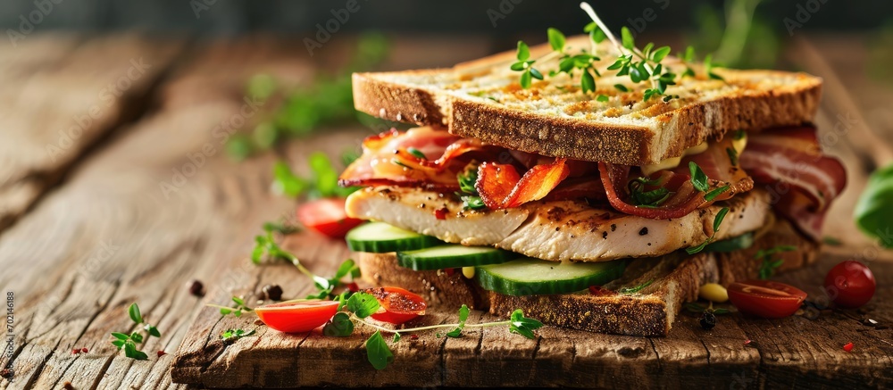 Leinwandbilder club sandwich with chicken breast bacon tomato cucumber and herbs. with copy space image. place for 