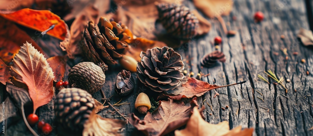 Aufkleber copy space vintage style decorating with acorn pine cone and dried leaves the autumn season concept.