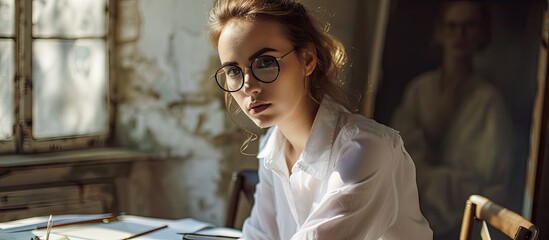 Beautiful woman holding compasses in hand and sitting at table Pretty painter looking at camera and posing Female artist wearing in white shirt and spectacles. with copy space image - obrazy, fototapety, plakaty