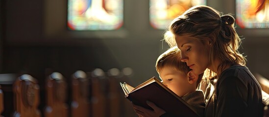 A Christian mom tells her son Bible stories about Jesus sitting in church Faith religious education modern church mother s day maternal responsibilities mother s influence on son s worldview - obrazy, fototapety, plakaty