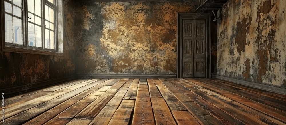 Aufkleber Blank Empty Grunge Room with Wallpaper and Parquet. with copy space image. Place for adding text or design