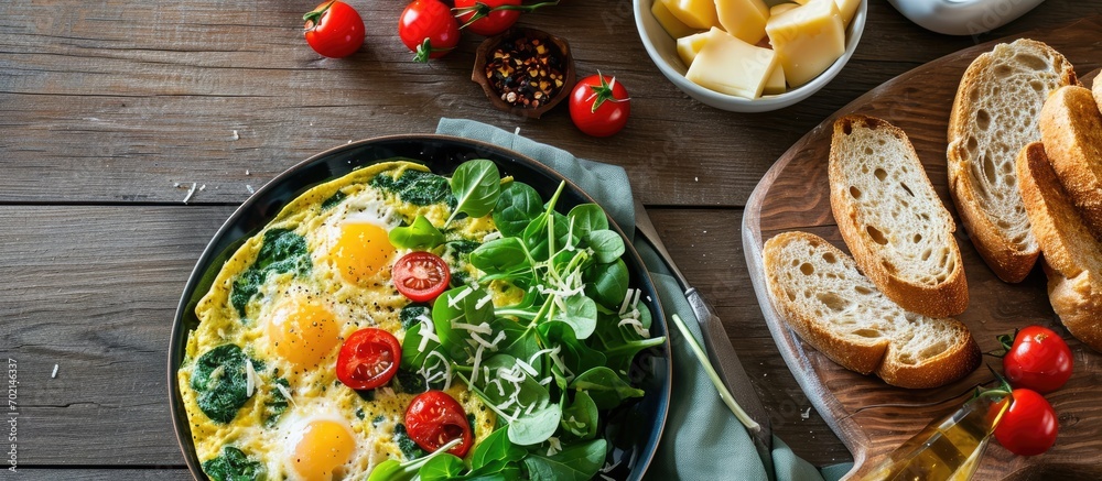 Aufkleber A wholesome breakfast of spinach omelette cherry tomatoes grated cheese fresh veggies and whole grain bread. with copy space image. Place for adding text or design