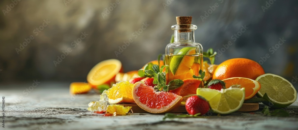 Poster grapefruit essential oil fruit slices aroma oil apothecary bottle. with copy space image. place for 