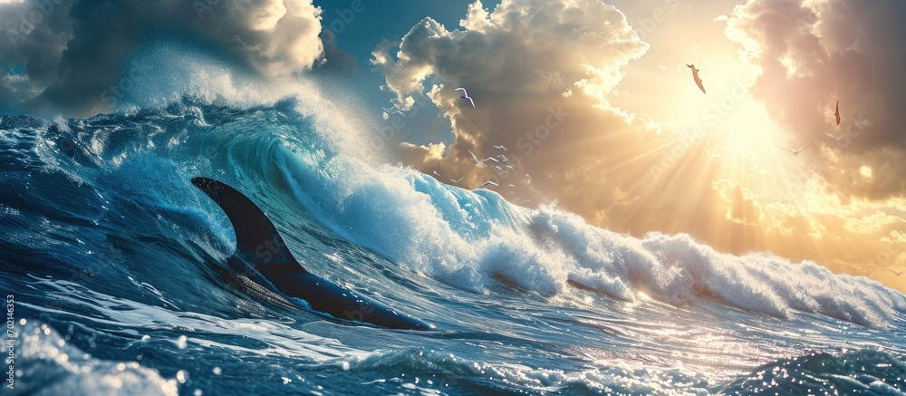 Aufkleber big ocean wave breaks under sun light with cloudy sky Big bull shark hunting underwater and two dolphins playing at surface. with copy space image. Place for adding text or design