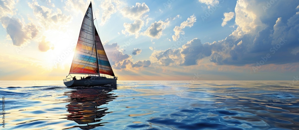 Poster a small sailing ship with yellow and white sails sails on the blue sea sea tourism and summer vacati