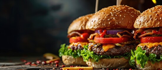 Beef Burgers and Chicken Burgers with and without fries. with copy space image. Place for adding...
