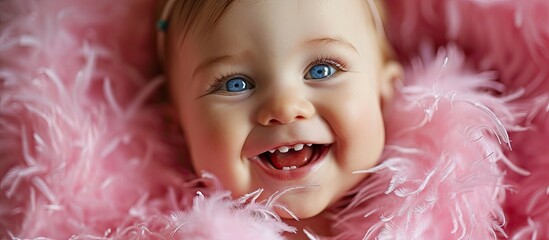 A close up of a beautiful baby girl with a big smile showing off her two teeth She is wearing her pink feathered boa holding on to it. with copy space image. Place for adding text or design - Powered by Adobe