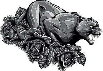 monochromatic panther with roses on white background - 702146366