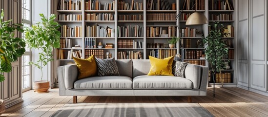 Grey couch with decorative pillows standing in a bright living room with library. with copy space image. Place for adding text or design