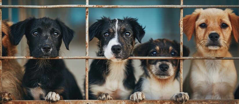 Cute puppies in a cage at an animal shelter Dog shelter. with copy space image. Place for adding text or design