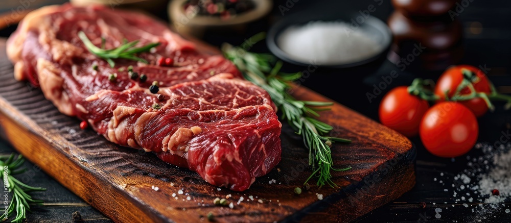 Poster Closeup view of beef strip steak on cutting board. with copy space image. Place for adding text or design