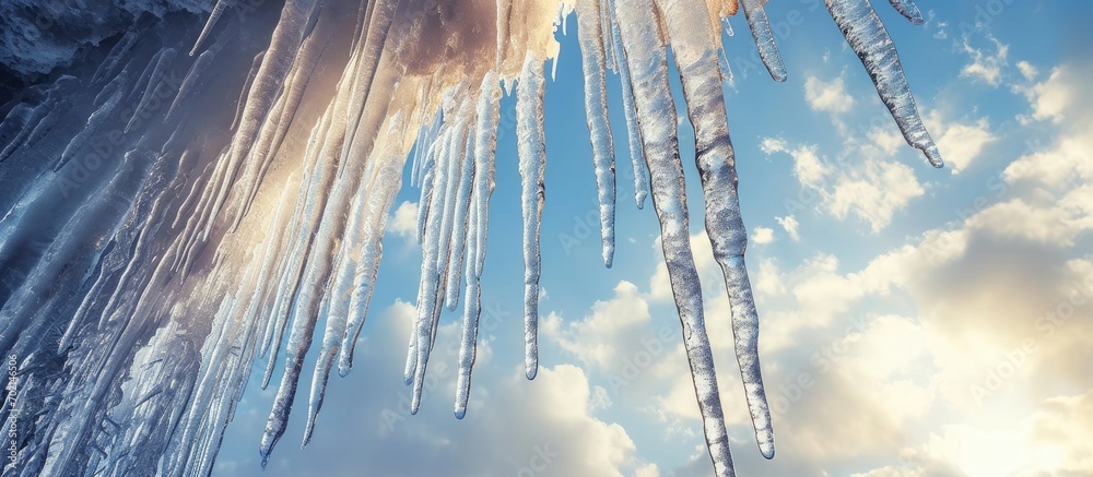 Aufkleber Beautiful shiny transparent icicles hang on a clear day Winter background with hanging icicles. with copy space image. Place for adding text or design
