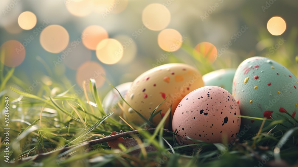 Wall mural Colorful decorated easter eggs on spring fresh grass with beautiful bokeh and sun flares