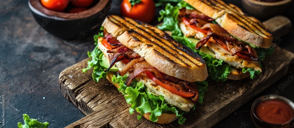 Poster Grilled BLT Bacon Lettuce and Tomato Sandwiches with Chicken and Avocado. with copy space image. Place for adding text or design