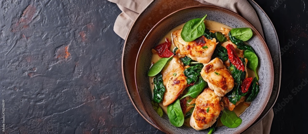 Aufkleber chicken fillet with spinach and sun dried tomatoes in coconut milk healthy food. with copy space ima