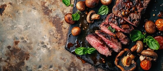 Balsamic glazed beef sirloin steak tips and baby bella mushrooms from above. with copy space image. Place for adding text or design - obrazy, fototapety, plakaty