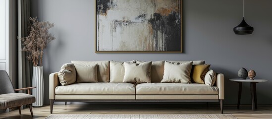Elegant beige sofa standing by a grey wall underneath a painting in a home interior. with copy space image. Place for adding text or design
