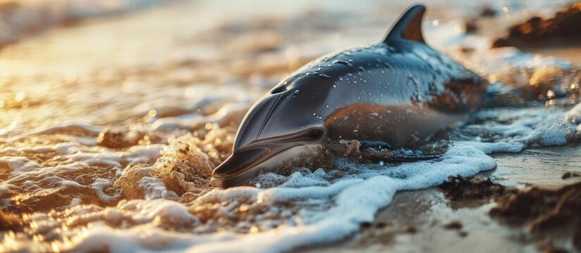 A heart wrenching image of a lifeless dolphin stranded on a beach. with copy space image. Place for adding text or design