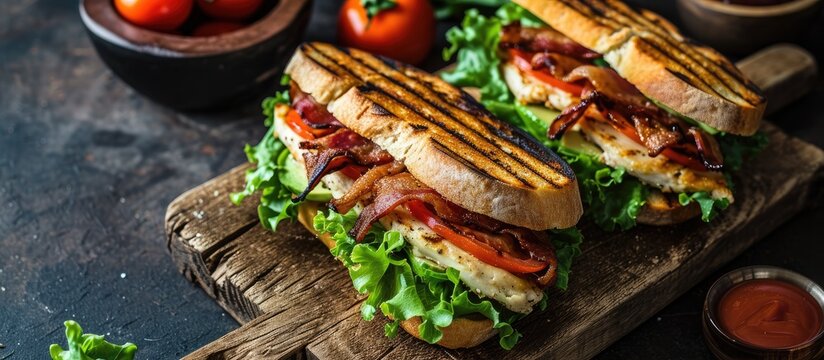 Grilled BLT Bacon Lettuce and Tomato Sandwiches with Chicken and Avocado. with copy space image. Place for adding text or design