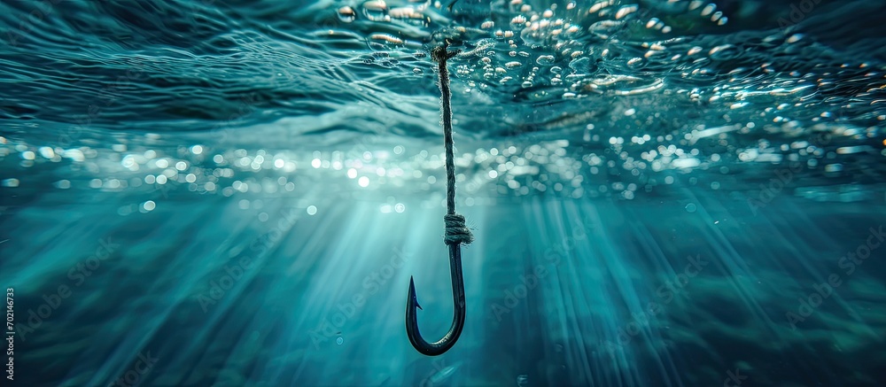 Poster Fishing Close up shut of a fish hook under water. with copy space image. Place for adding text or design