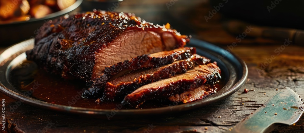 Poster closeup view of roasted beef brisket flat steak on a plate. with copy space image. place for adding 