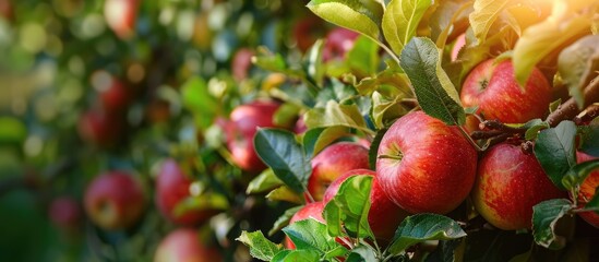 Obraz premium A young woman collects a harvest of juicy apples in the garden Organic apples in the garden Apple harvest concept. with copy space image. Place for adding text or design