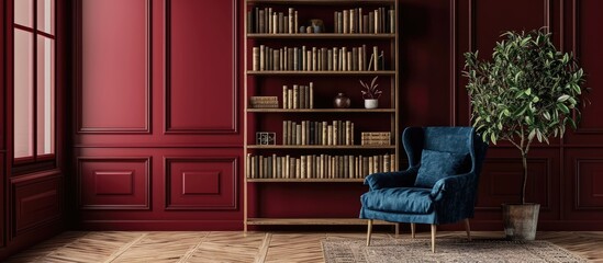 Golden metal rack with books and decor standing in burgundy room interior with navy blue armchair and potted plant. with copy space image. Place for adding text or design