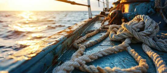 Forward starboard side mooring winch and anchor windlass with heaved up white manila rope on working drum of cargo container vessel during passing Mediterranean Sea during sunny weather