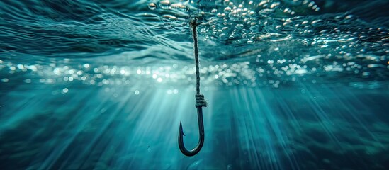 Fishing Close up shut of a fish hook under water. with copy space image. Place for adding text or design - obrazy, fototapety, plakaty