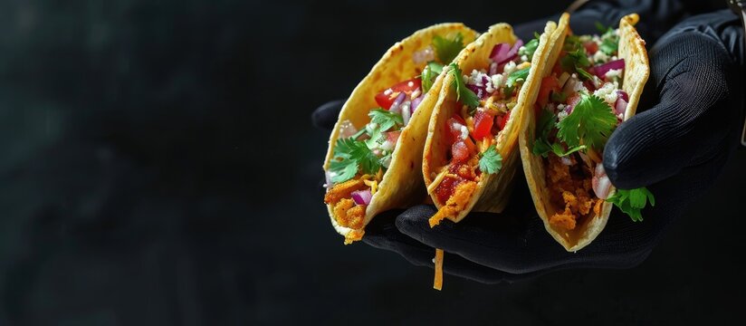 An adult person with their arm extended holding French tacos wearing black gloves. with copy space image. Place for adding text or design
