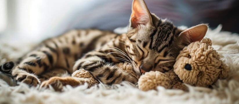 Bengal cat and soft toy sleep together Pets Animal care Love and friendship. with copy space image. Place for adding text or design