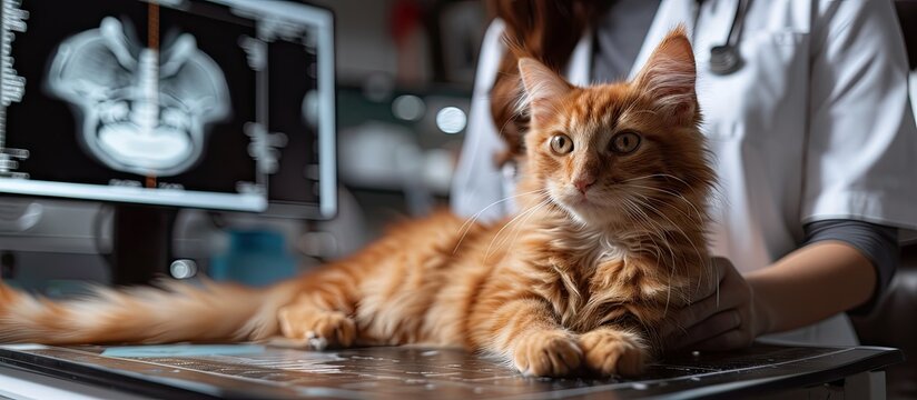 Female Veterinarian Using a Probe to Diagnose a Red Maine Coon That is Laying on a Check Up Table Handsome Vet Assistant Holding the Kitten to Calm Him Down Ultrasound Images Appear on Monitor
