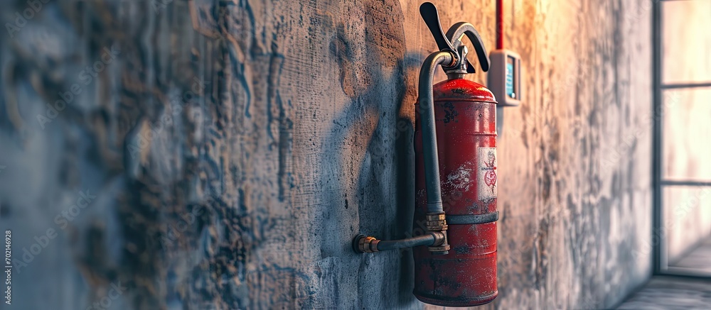Poster Fire extinguisher on the wall Fire extinguishing system inside the building. with copy space image. Place for adding text or design