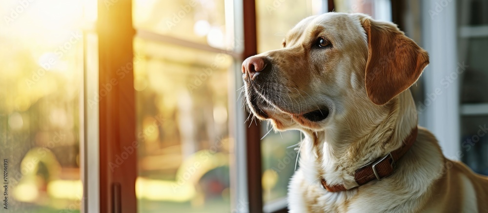 Poster cute labrador retriever with toothbrush indoors pet care. with copy space image. place for adding te