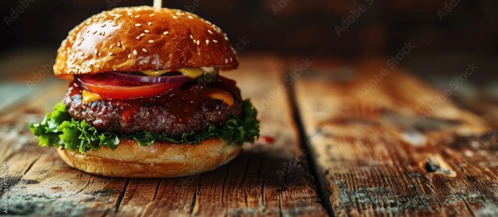 Poster Cheeseburger with beef tomato lettuce and onion on wooden table. with copy space image. Place for adding text or design