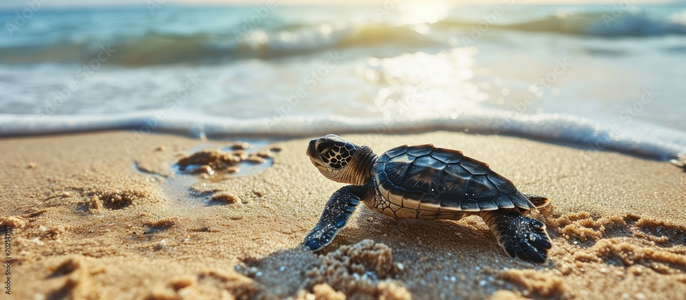 Poster Baby turtle released for first time to beach. with copy space image. Place for adding text or design