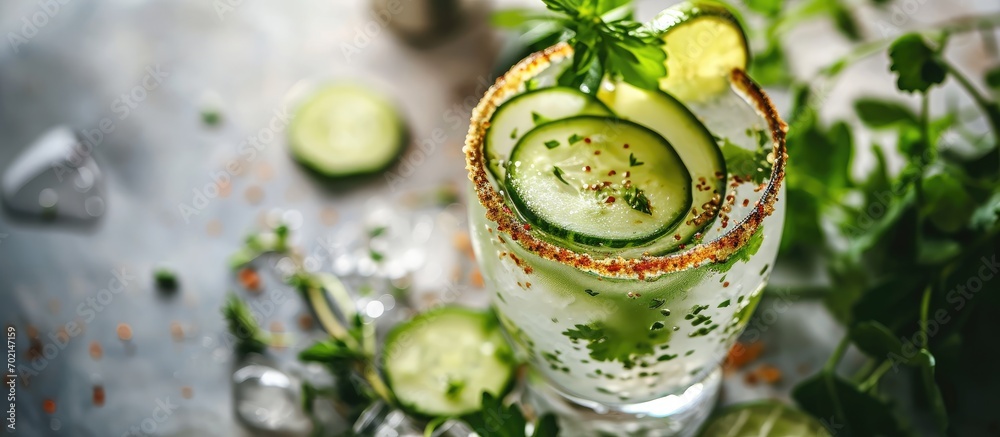 Leinwandbilder Cucumber margarita with lime and spicy rim refreshing spring cocktail. with copy space image. Place for adding text or design