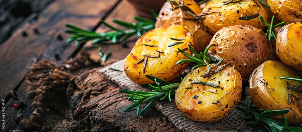 Poster bowl of rustic fried and roasted potatoes with rosemary. with copy space image. Place for adding text or design