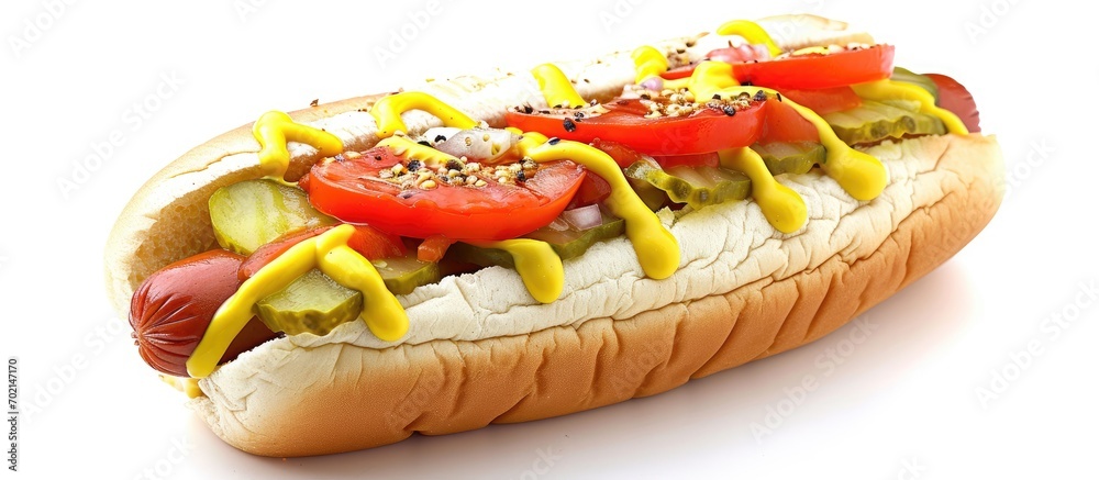 Poster chicago style hot dog with mustard pickle tomato relish and onion. with copy space image. place for 