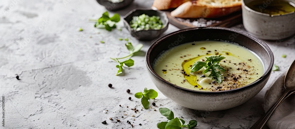 Poster Bowls of broccoli cream soup with olive oil pepper and toasted bread slices on a rustic white wooden table. with copy space image. Place for adding text or design