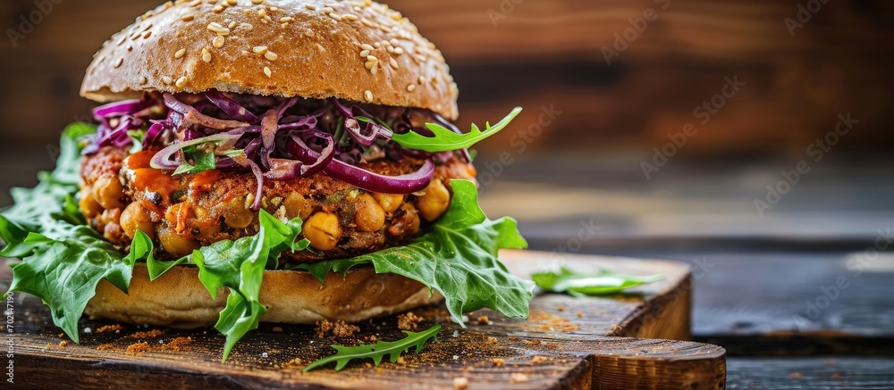 Aufkleber delicious mexican vegan burger with chickpeas onion lettuce and spicy chili sauce. with copy space i