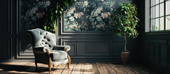 Grey armchair against flowers wallpaper in dark living room interior with sofa and plant Real photo. with copy space image. Place for adding text or design