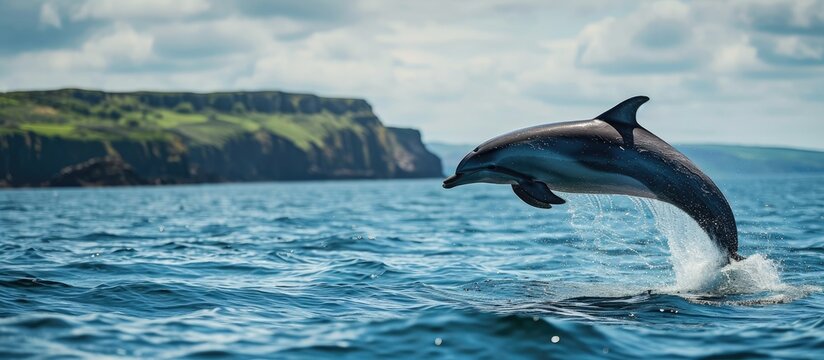 Common dolphin delphinius delphis leaping clear of the water during a whale watching tour from Tobermory on the Isle of Mull Inner Hebrides Scotland. with copy space image
