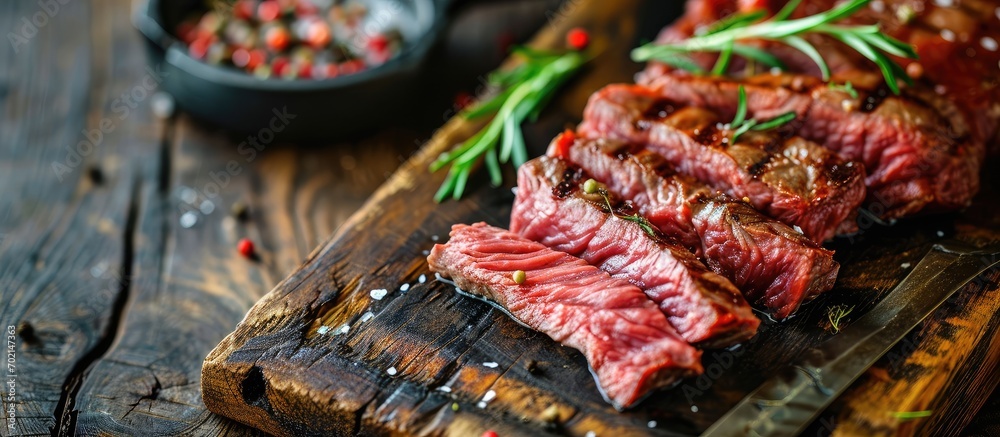 Poster Closeup view of beef strip steak on cutting board. with copy space image. Place for adding text or design